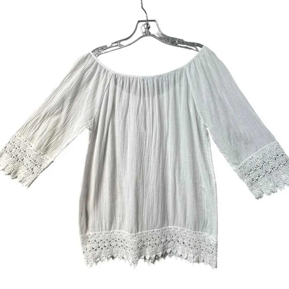 Blue Island Lace Border Sleeves and Hem Long Sleeve Swim Cover-Up  Women S White